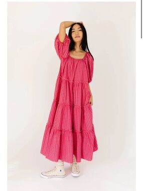 Pink Gingham Tiered Maxi Dress, Scoop Neck